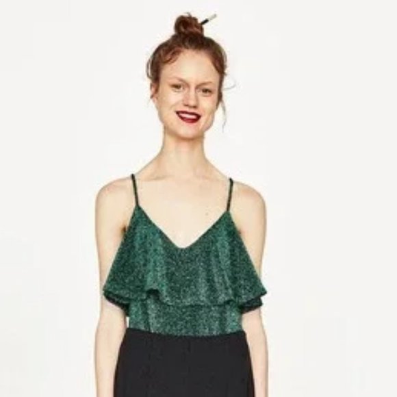 Zara Emerald Green Glitter Ruffle Bodysuit S - Picture 5 of 16